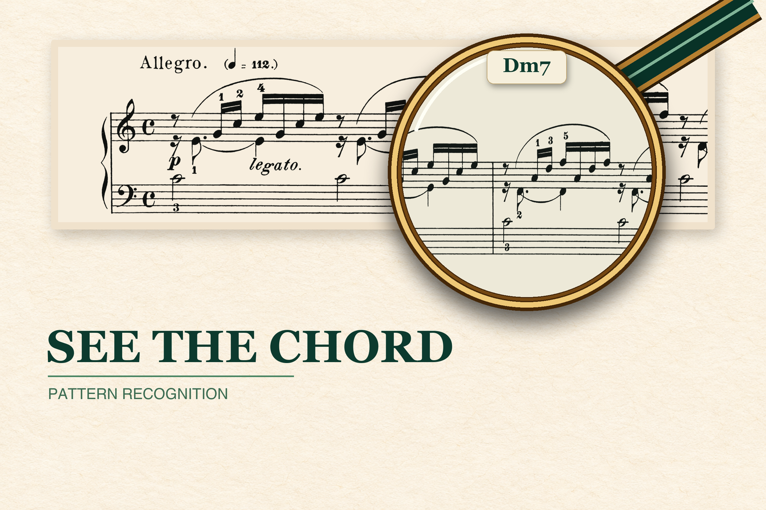 A magnifying glass highlights a Dm7 harmony in an extract from Bach’s Prelude in C major.