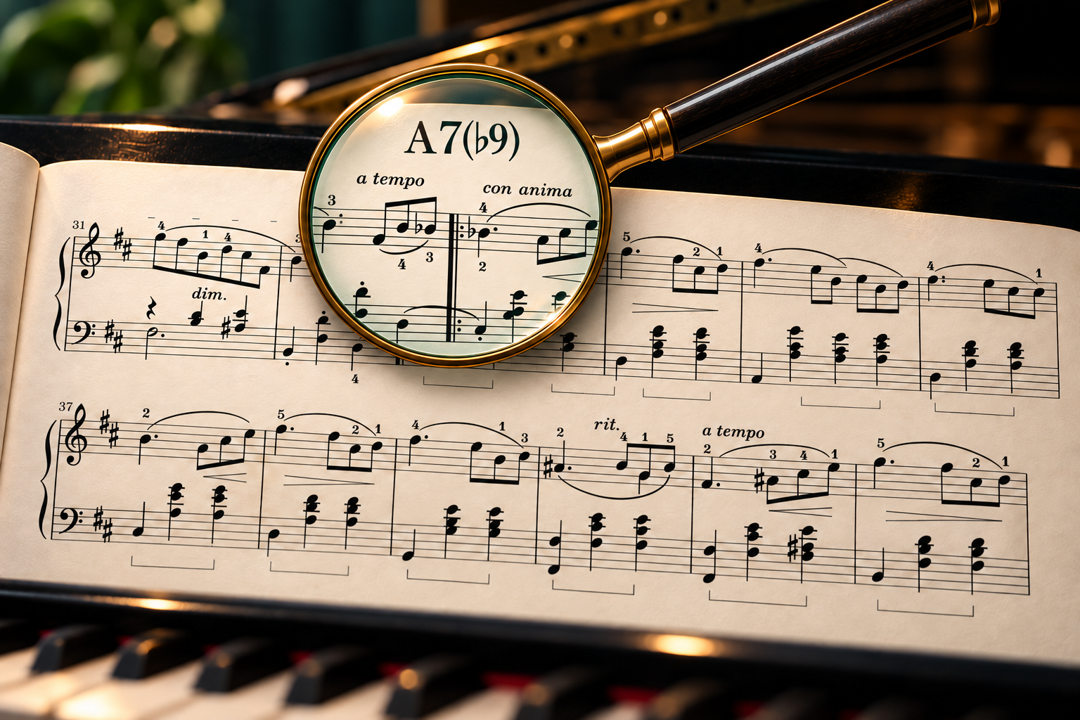 A magnifying glass enlarges a passage from Chopin’s Waltz in B minor, labelled A7 flat nine.